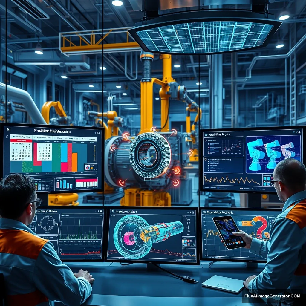 Create an image of a futuristic industrial control room where engineers and technicians monitor advanced machinery through large interactive screens. The screens display data streams, graphs, and real-time analytics. The background shows operational machinery, like turbines and robotic arms, with sensors emitting data signals. Highlight a transparent view of a machine's inner workings, showing components like bearings and actuators with sensors. Include a comparison of scheduled versus predictive maintenance, with one side showing a calendar and the other a real-time alert system. In the control room, one screen should depict a 3D model of a machine highlighting wear and potential failure points, while another shows a technician using a tablet for diagnostics. Add graphs of vibration analysis and thermographic scans, emphasizing precision, innovation, and efficiency in predictive maintenance.

make it photorealistic and avoid the typical look of a generated image.