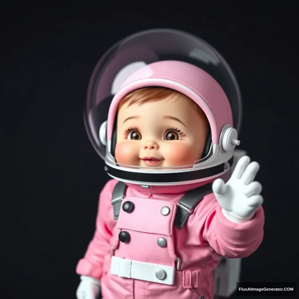 Adorable little astronaut. Pink spacesuit. Greeting with one hand up.