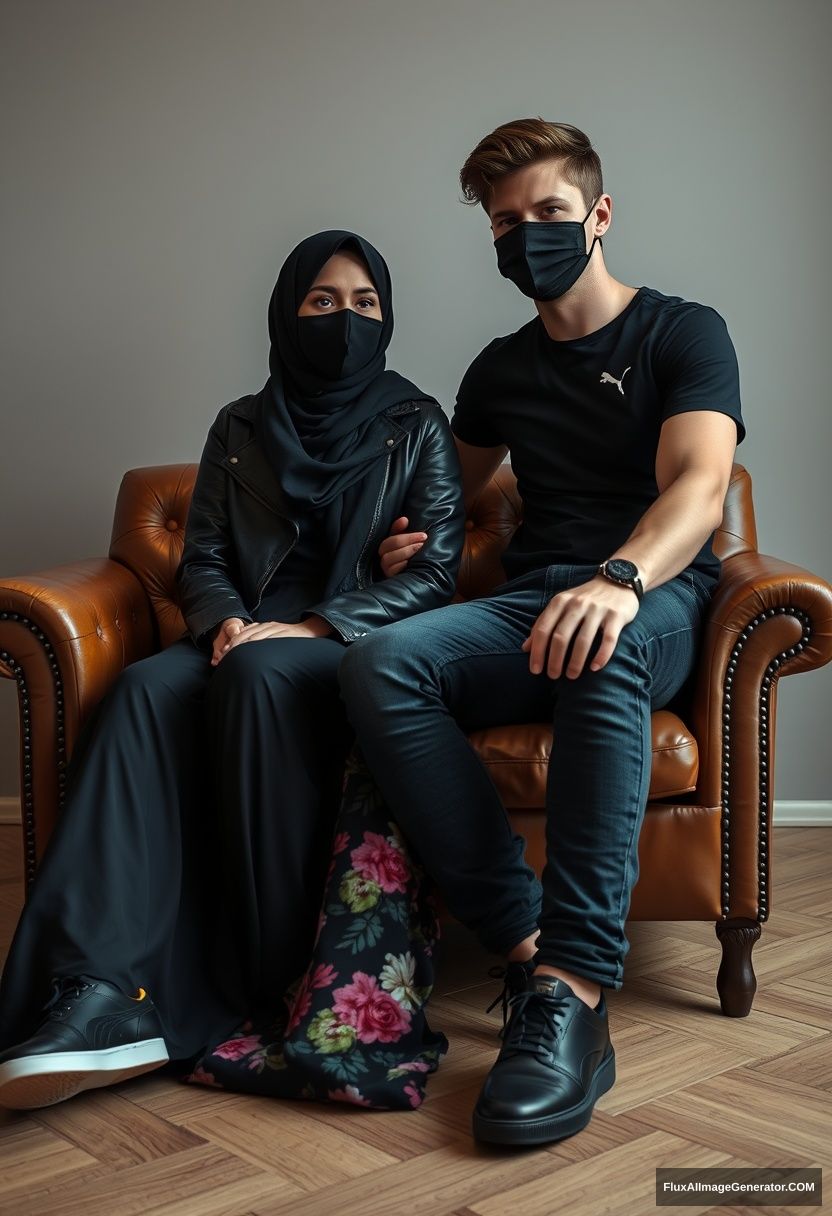 A biggest black hijab girl, slim girl, beautiful eyes, face mask black, black leather jacket, biggest floral long dress, black leather sneaker, sitting on leather single wing sofa, Jamie Dornan, youngest, puma black T-shirt, jeans, black leather sneaker, tall man, face mask black, fit body, sitting near her, hyper realistic, studio photography.