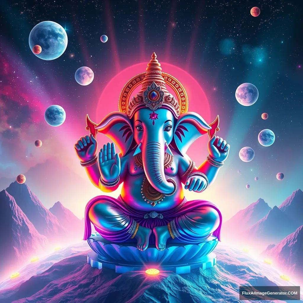 Create an out-of-this-world, futuristic depiction of the Ganesha festival. Imagine Lord Ganesha in a surreal cosmic setting, surrounded by floating galaxies, neon lights, and otherworldly landscapes. Use holographic and iridescent colors to highlight Ganesha’s form, blending traditional symbols like the elephant head and modaks with futuristic elements such as digital patterns and sci-fi motifs. Incorporate ethereal light beams, celestial bodies, and a sense of weightlessness to convey a cosmic celebration. The image should evoke a sense of awe and wonder, blending spiritual reverence with futuristic imagination. - Image