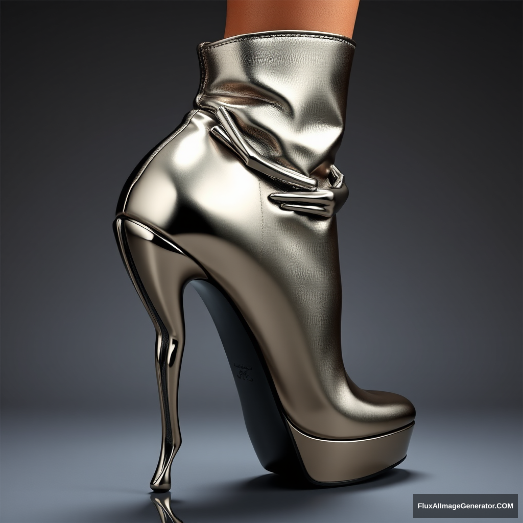 A high-fashion stiletto boot with a unique heel designed as a metallic sculpture of a woman's body in an artistic and sexy pose who embraces the boot.