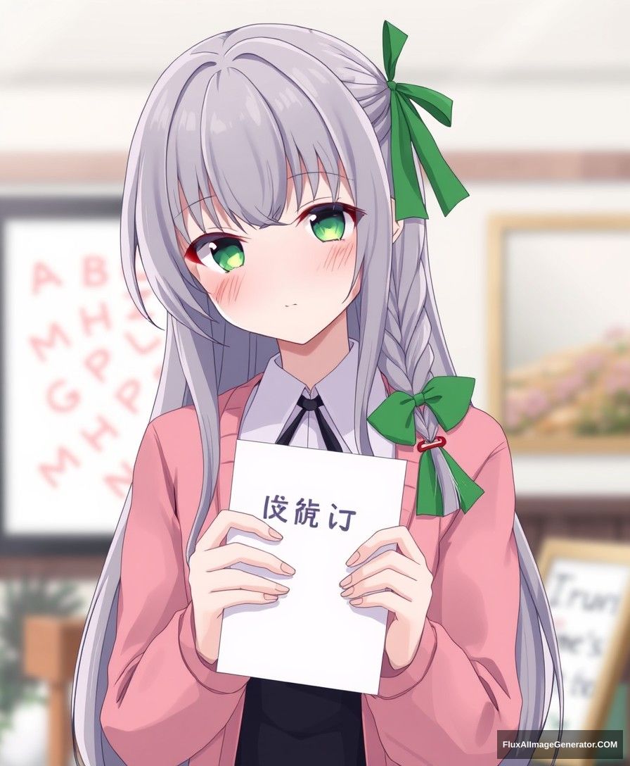 1 girl, solo, long hair, looking at viewer, blush, bangs, shirt, long sleeves, bow, ribbon, holding, closed mouth, school uniform, green eyes, jacket, hair ribbon, upper body, braid, hair bow, grey hair, open clothes, indoors, hands up, blurry background, cardigan, French braid, green bow, paper, open cardigan, picture frame, holding paper, painting (object), pink cardigan, holding sign with alphabet. - Image