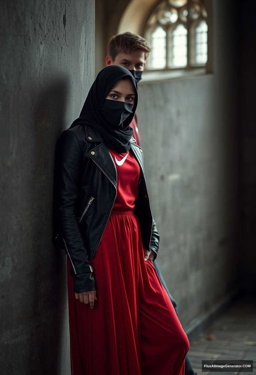 A biggest black hijab girl, beautiful eyes, face mask black, black leather jacket, biggest red longest dress, not tall, leaning at him,

Jamie Dornan, handsome, face mask black, fit and tough body, Nike red t-shirt, black leather jacket, jeans, tall man, leaning against the wall

Hyper realistic, photorealistic, studio photography, Victoria's abandoned castle, gloomy.