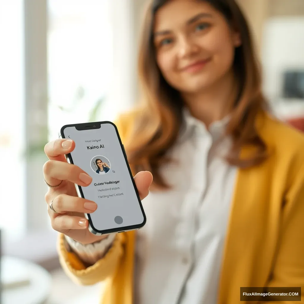 An interior designer holds a phone, and the phone screen shows the KainoAI app.