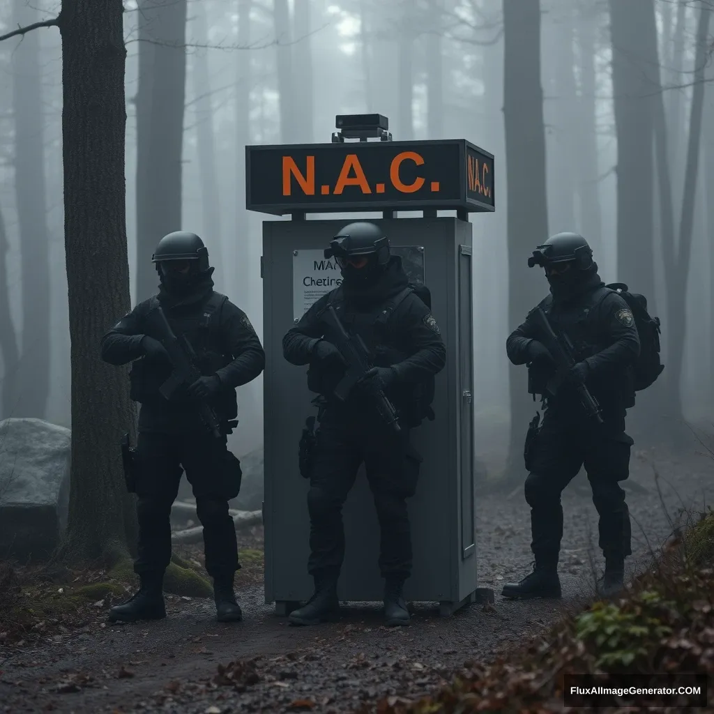 checkpoint with soldiers in dark gear, with black and orange inscription N.A.C. in the forest, in the fog - Image