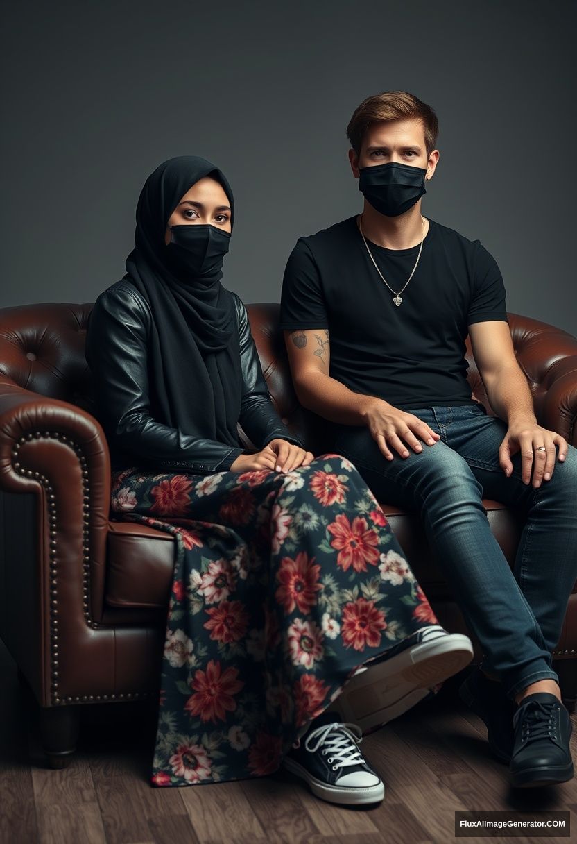 A long black hijab girl, slim girl, beautiful eyes, black face mask, black leather jacket, the biggest floral long dress, black leather sneakers, sitting on a leather single wing sofa, Jamie Dornan, youngest, silver necklace for men, black T-shirt, jeans, black leather sneakers, tall man, black face mask, fit body, sitting near her, hyper-realistic, studio photography.