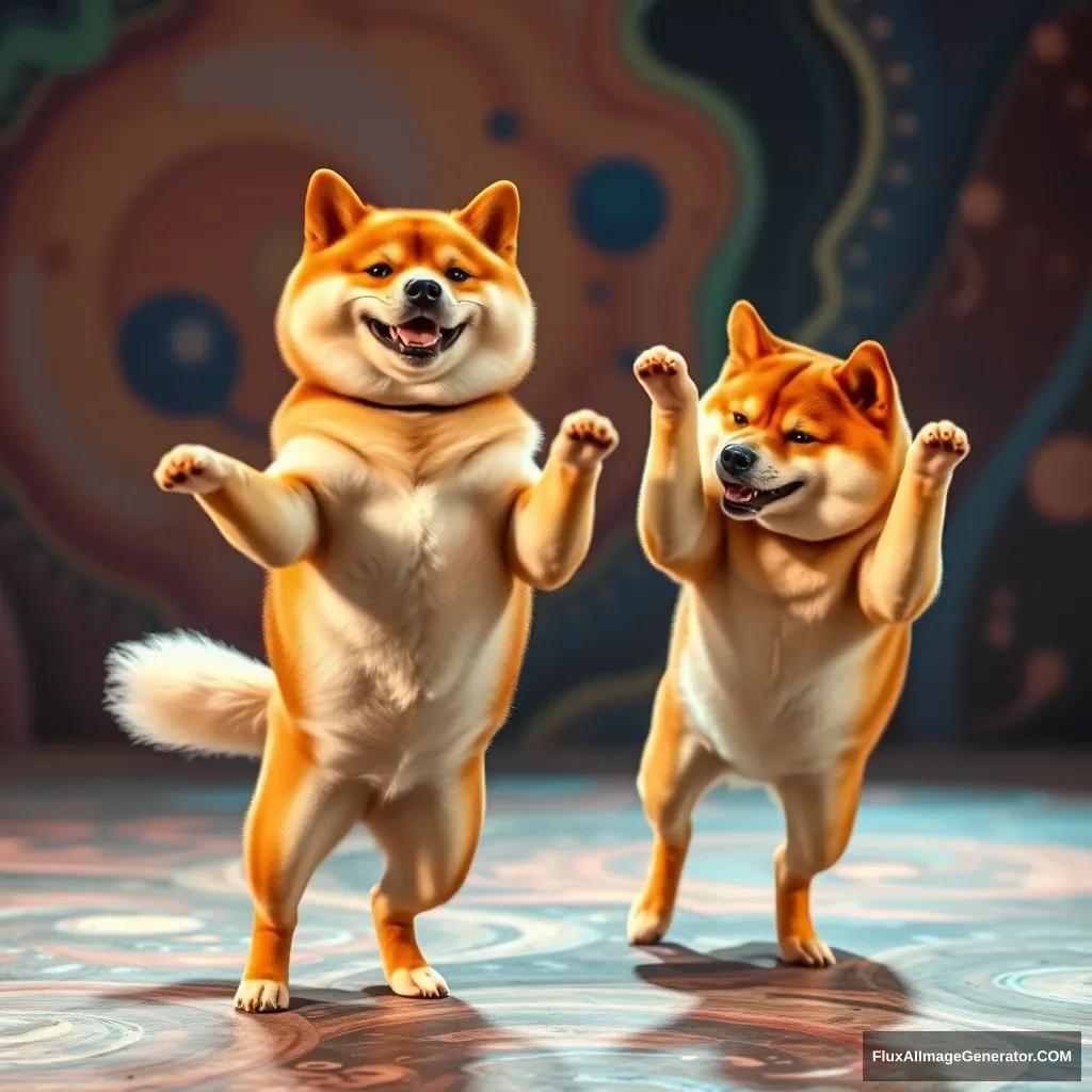 Two Shiba Inu dogs are dancing on a bizarre stage. - Image