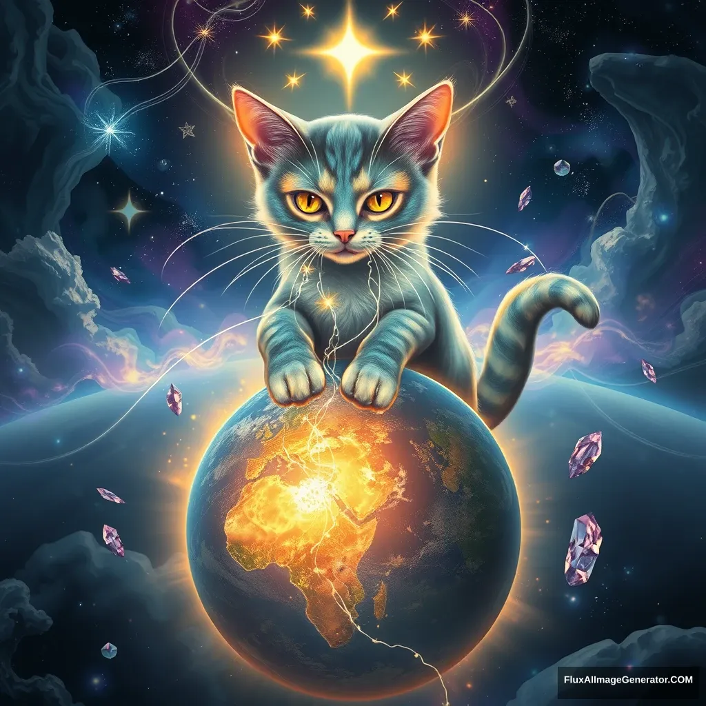 A majestic, celestial feline with iridescent fur and glowing eyes hovers above a cracked Earth, weaving starlight threads to mend the planet. Surrounded by swirling nebulae and floating crystals, the cosmic cat radiates hope and magic in a fantastical, ethereal atmosphere.