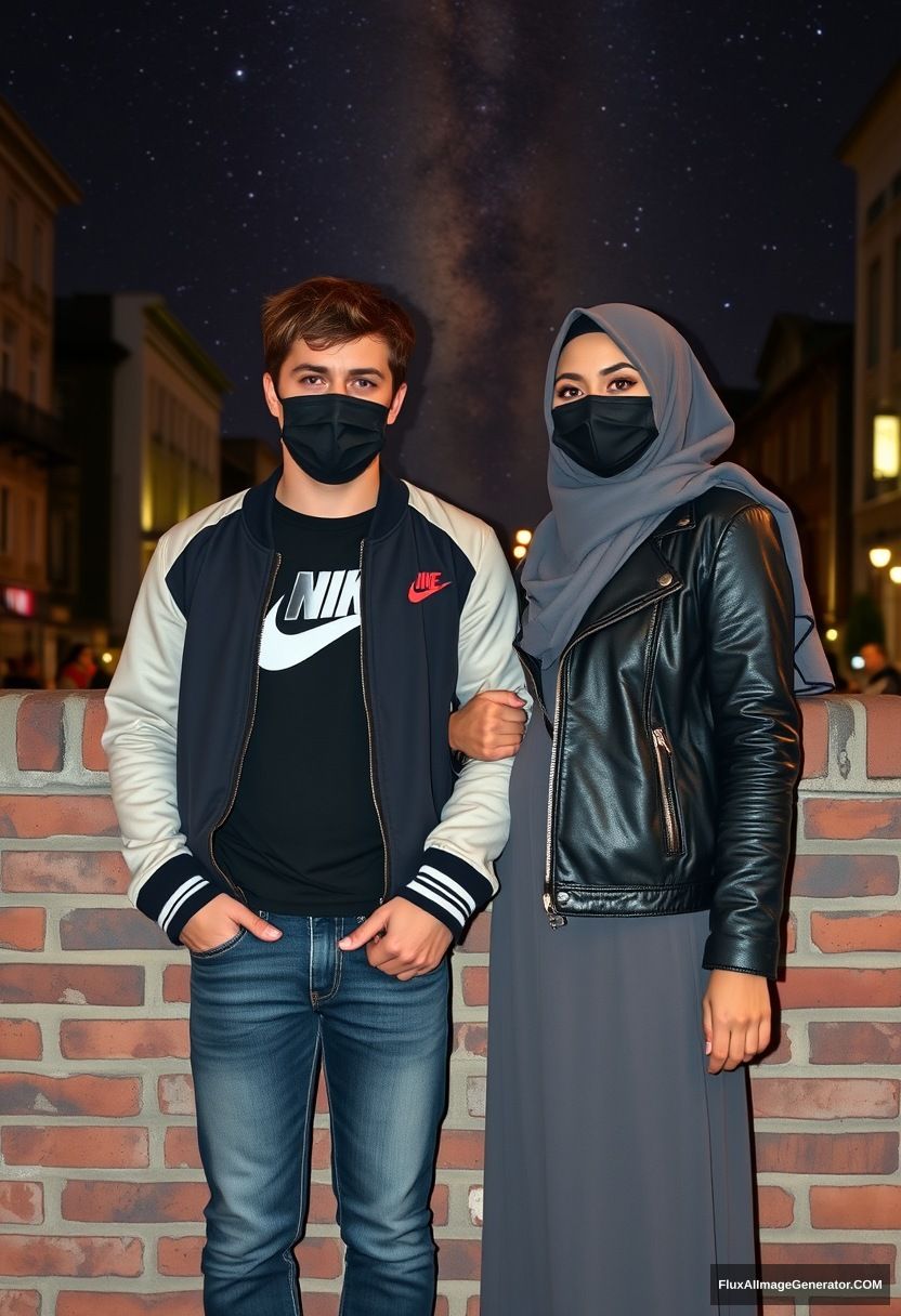 Jamie Dornan, youngest, black face mask, collage jacket, Nike t-shirt, jeans, tall man, fit body,

Dating, love with the biggest grey hijab Muslim girl, beautiful eyes, black face mask, leather jacket, biggest longest skirt, slender petite girl, holding his arm

standing at a brick wall, in town, night scenery, Milky Way, hyper-realistic, photorealistic, street photography. - Image