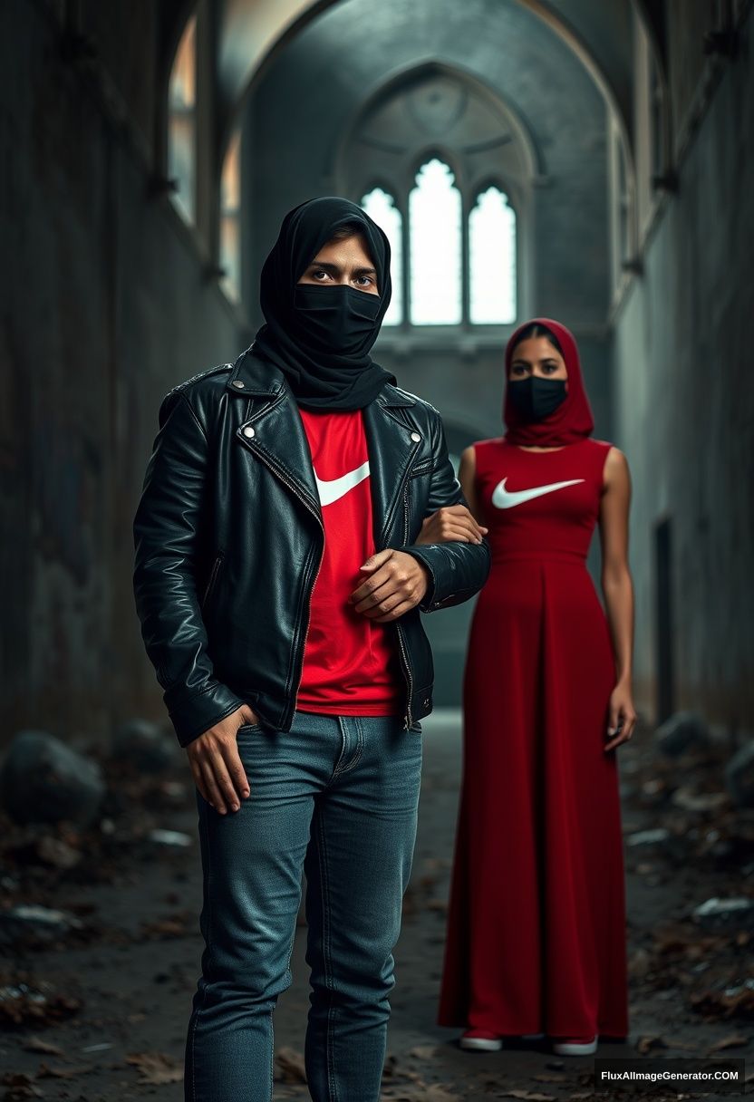 A biggest black hijab girl, beautiful eyes, face mask black, black leather jacket, biggest red longest dress, not tall, standing holding his arm,

Jamie Dornan, handsome, youngest, face mask black, fit and tough body, Nike red t-shirt, black leather jacket, jeans, red sneakers, tall man,

Hyper realistic, photorealistic, studio photography, Victoria's abandoned castle, gloomy. - Image