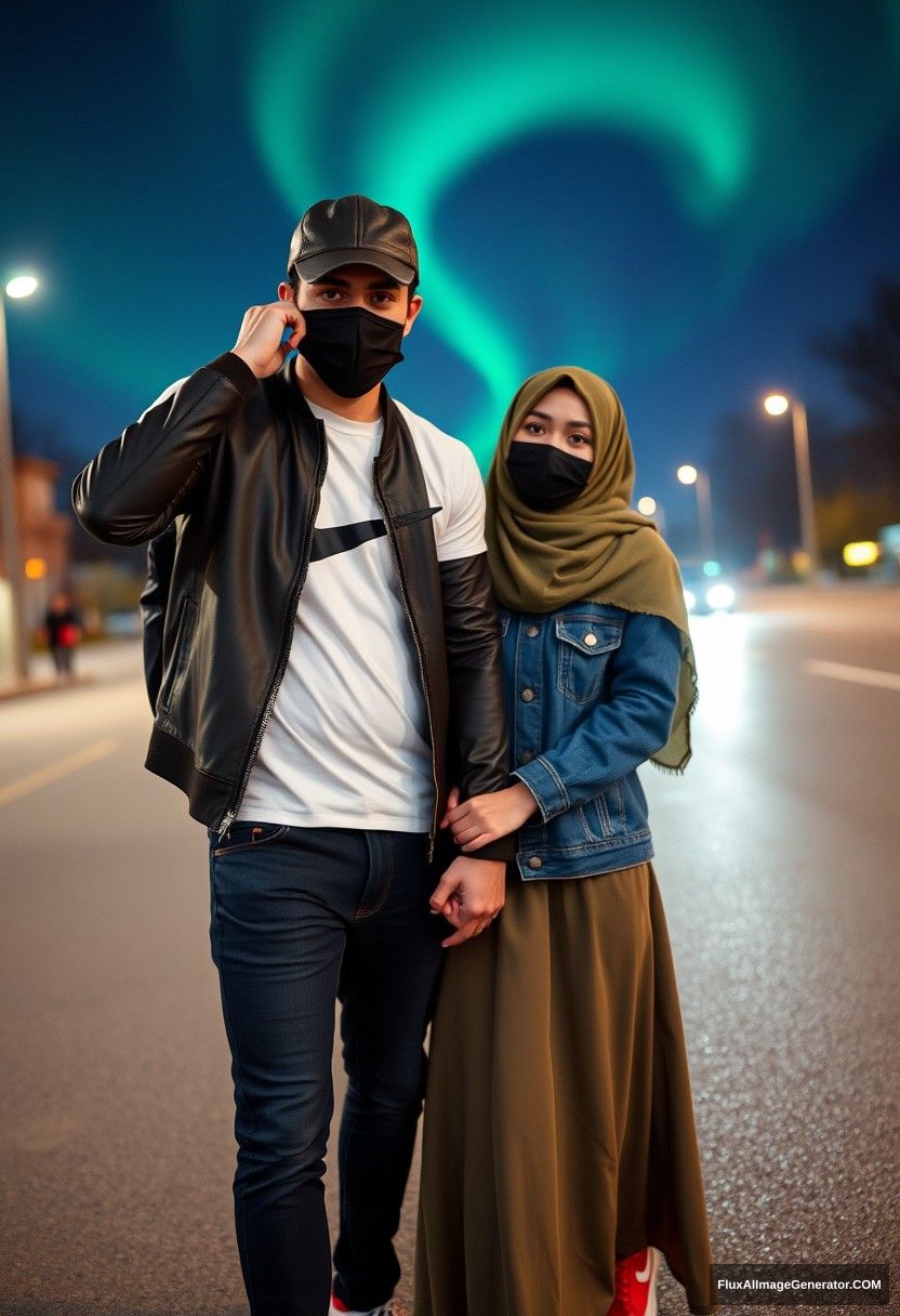 Jamie Dornan, handsome, leather cap, black face mask, white Nike t-shirt, jeans, sneakers, dating romantically with an army green hijab-wearing Muslim girl, beautiful eyes, black face mask, denim jacket, very long skirt, not a tall girl, red sneakers, holding hands, photorealistic, street photography, full photography, selfie photos, night scenery, aurora.