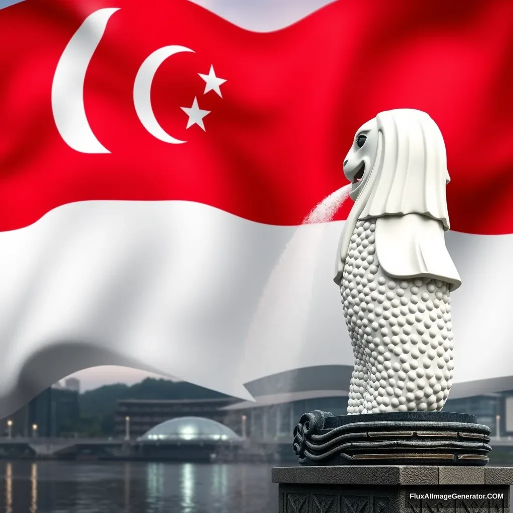 Singapore Merlion with Singapore flag background for Singapore National Day - Image