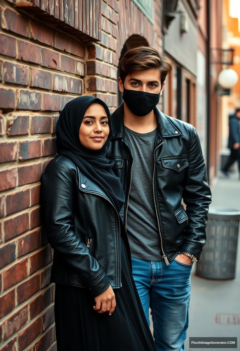 Jamie Dornan, handsome, young, black face mask, collage jacket, jeans, dating a beautiful Muslim girl in the biggest black hijab, with beautiful eyes, wearing a black leather jacket, and the biggest skirt standing and lying against a brick wall, in a town, with morning scenery, photorealistic street photography.