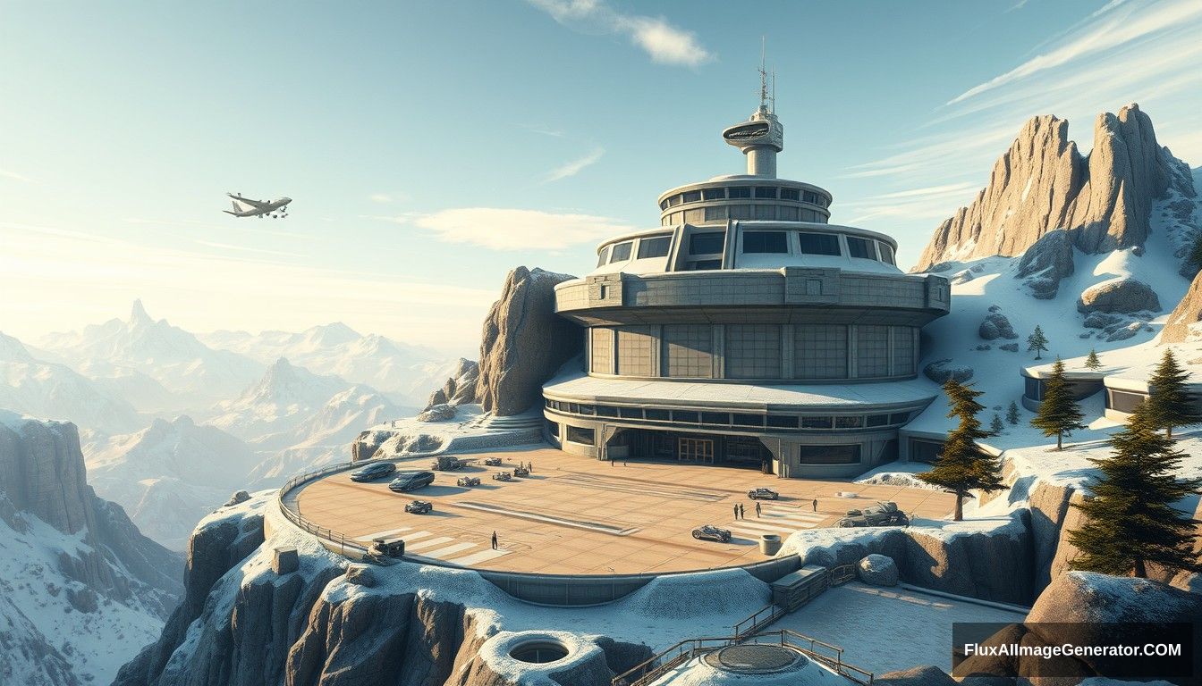 Cel shaded art, wide shot, a sci-fi center on the top of a snow mountain, open air, close look, cyberpunk, military base, Star Wars style, indoor, patio, morning, sunlight, fortress, mountain, rock, snow, tarmac, parking apron, cave, tree, landing field, cliff, round shape, tower.