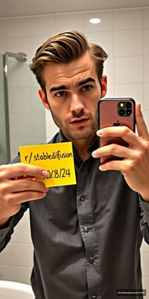 Man in a meticulously detailed bathroom, capturing a mirror selfie with the latest iPhone. He's holding a vibrant yellow post-it note displaying "r/stablediffusion" and "10/08/24". Hyper-realistic style with precise lighting, reflections, and textures. Verification-style composition, natural color palette. Subtle tension in expression, modern tech-savvy atmosphere.