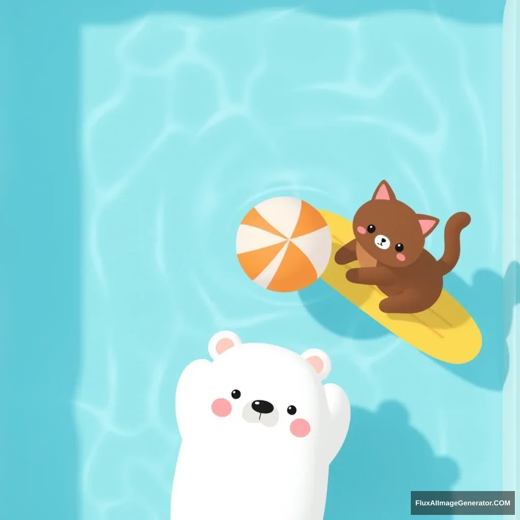 Cute cartoon style mobile phone wallpaper, top view of white bear in pool and brown fat cat on yellow surfboards in the swimming pool playing with one big round ball, the water is clear and blue, cute, simple design, background in 3D render style. The background color is light blue --ar 3:4 --niji 6.