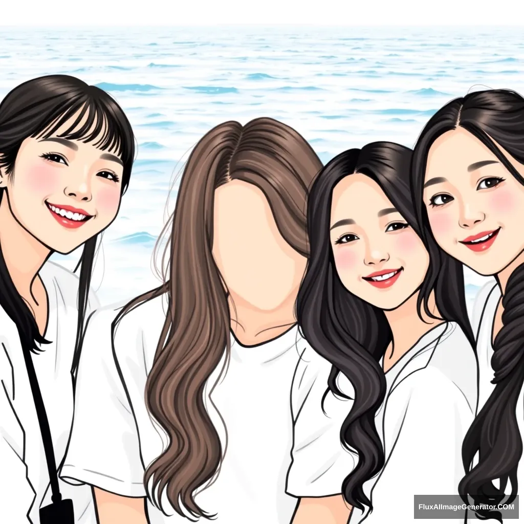 Draw girl group members like real people. Four Korean girls with the ocean as the background. One has short hair and is smiling, one has long hair and is expressionless, one has medium wavy hair and a V-shape, and one has a ponytail and smiling eyes. They are all wearing white shirts. Real people. - Image