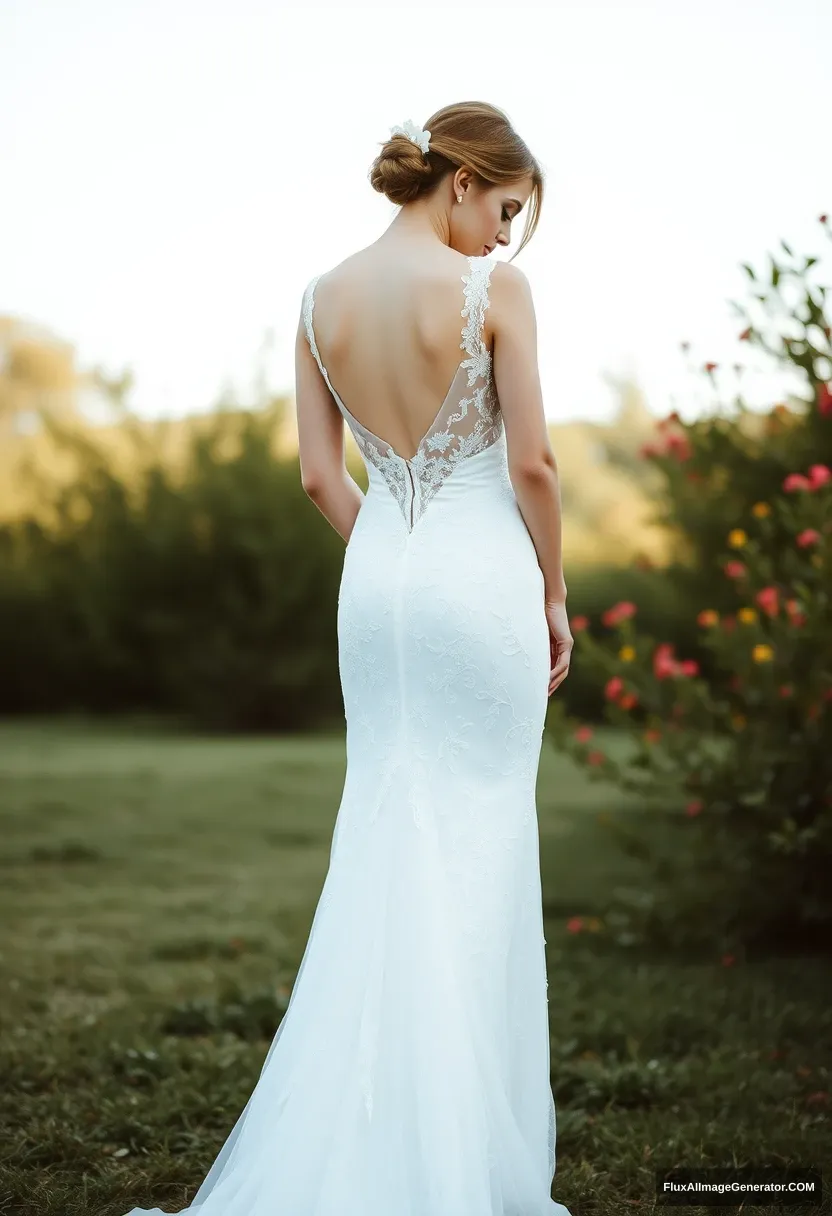 a young woman, sensitive, delicate, backless wedding dress