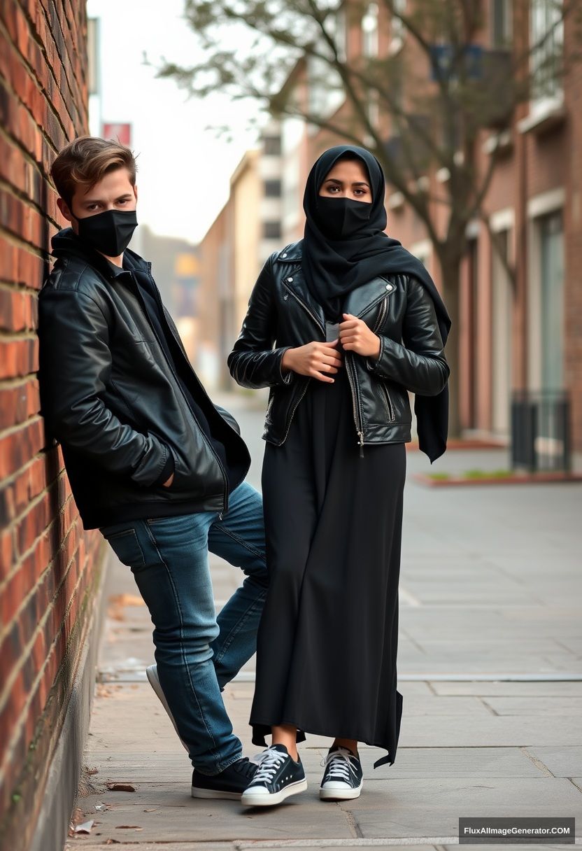 Jamie Dornan, handsome, young, black face mask, collage jacket, jeans, dating a beautiful Muslim girl in a big black hijab with beautiful eyes, wearing a black face mask, black leather jacket, sneakers, large skirt standing and lying against a brick wall, town, morning scenery, photorealistic, street photography. - Image