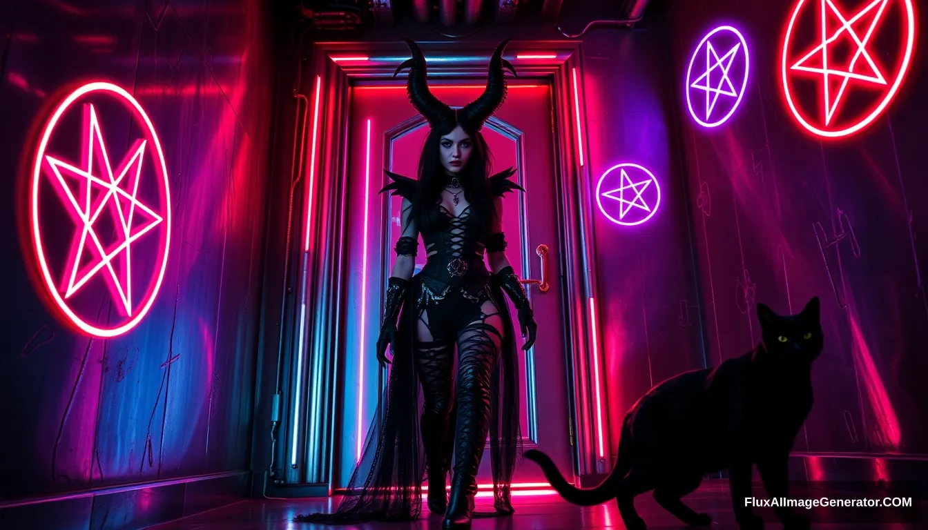 A striking goth demon woman, adorned with intricate dark attire, steps through a luminous door into a shadowy cyberpunk room, where vibrant neon hues dance on metallic surfaces, illuminating neon pentagrams etched on the walls and ceiling, while a sleek black cat lurks in the corner, adding an air of mystery. - Image