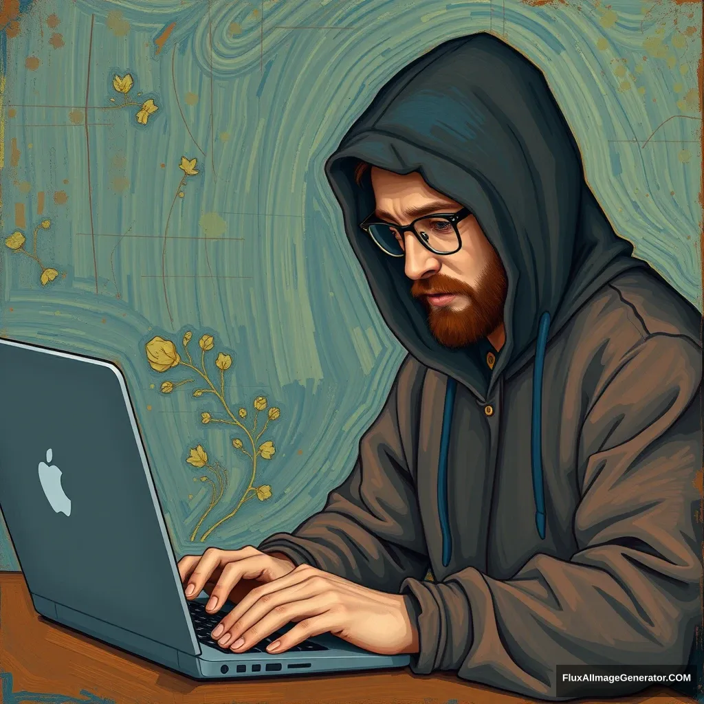 Van Gogh-esque. A hooded, bespectacled developer is working on a laptop. - Image