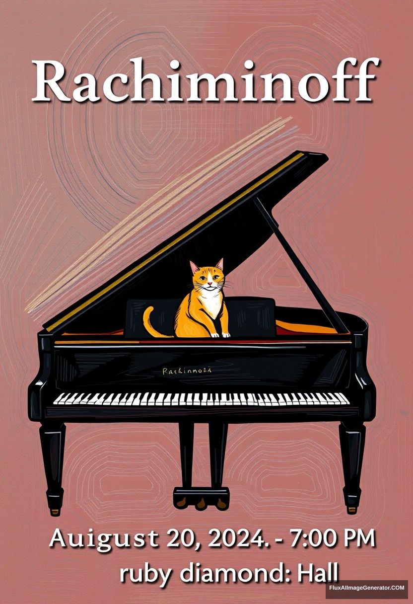 Title: “Rachmaninoff” displayed at the top center

Include the following texts on the bottom of the poster:
“August 20, 2024”
“7:00 PM”
“ruby diamond Hall”

Visual Elements: A grand piano centered at the bottom of the poster with a cat playing piano in a Matisse style.