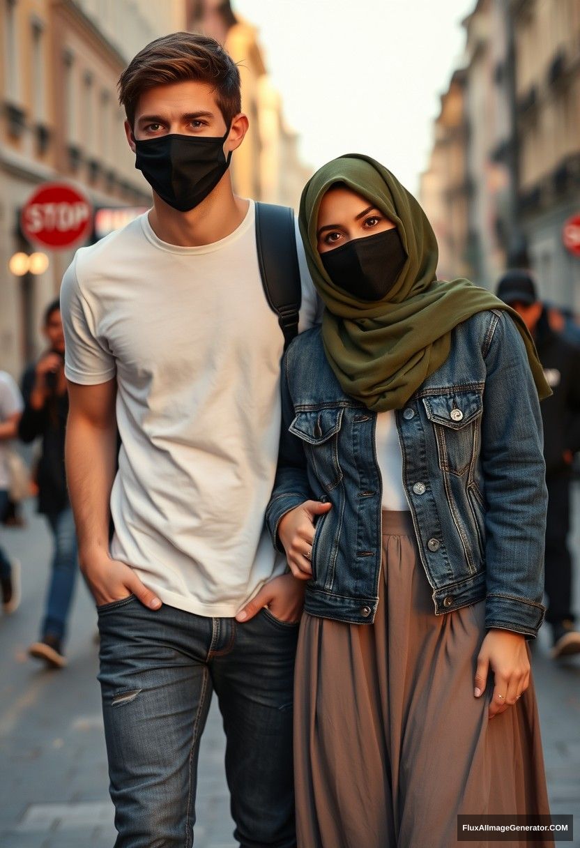 Jamie Dornan, young, wearing a black face mask, white T-shirt, jeans, and red sneakers, is on a romantic date with a Muslim girl in an army green hijab, who has beautiful eyes, a black face mask, a denim jacket, and the longest skirt. She is not tall. The scene is photorealistic, resembling street photography, captured in full.