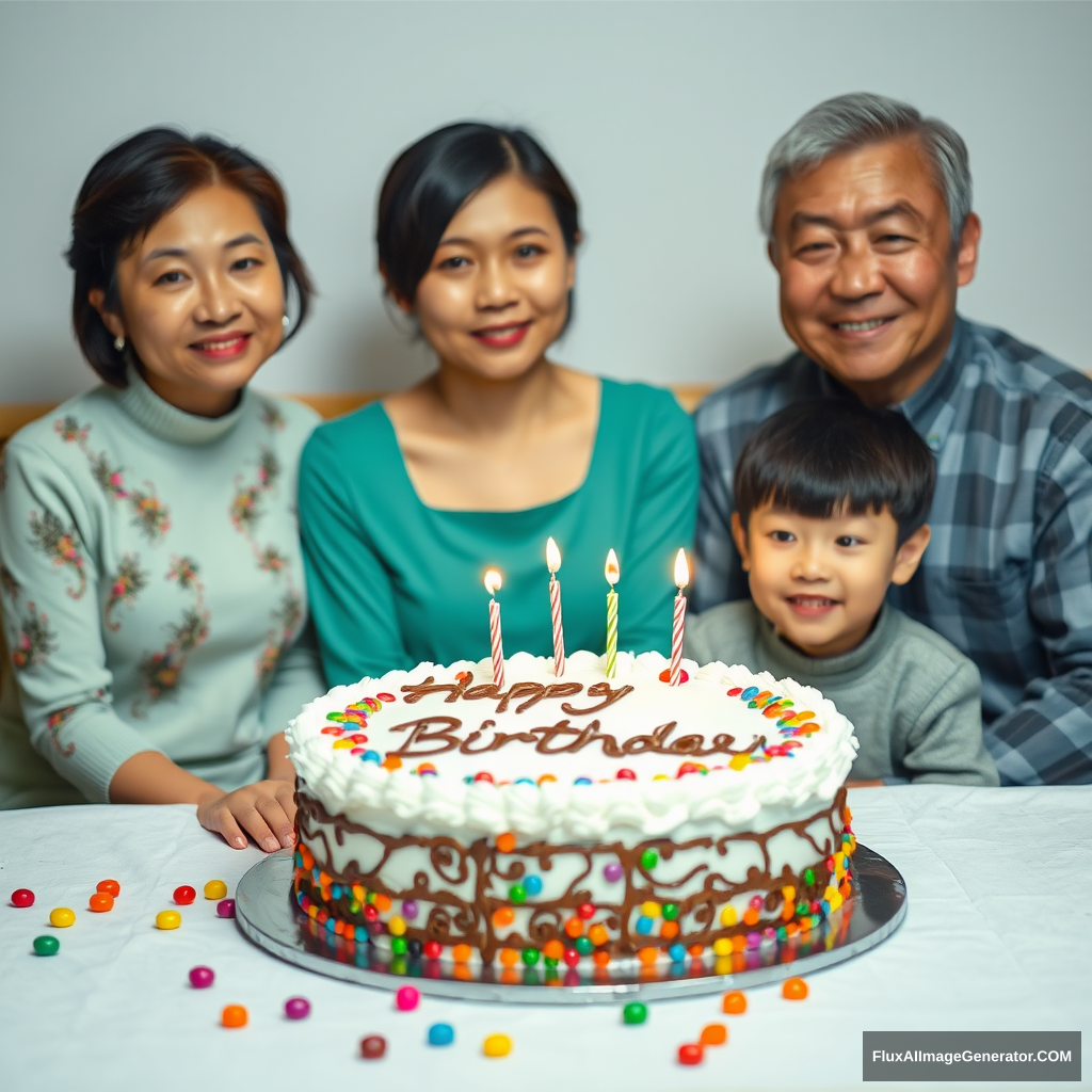 A birthday cake is placed on the table with the words "Happy Birthday" written on it. There are four Chinese people sitting behind the table. The person in the middle is a mother who is about 35 years old. Sitting on the right side of the mother is a father who is about forty years old and his son who is about ten years old. The daughter who is about eight years old is sitting on the left side of the mother. The cake is decorated with colorful candies and candles. Some candies were scattered on the table, adding to the festive atmosphere of the birthday celebration.