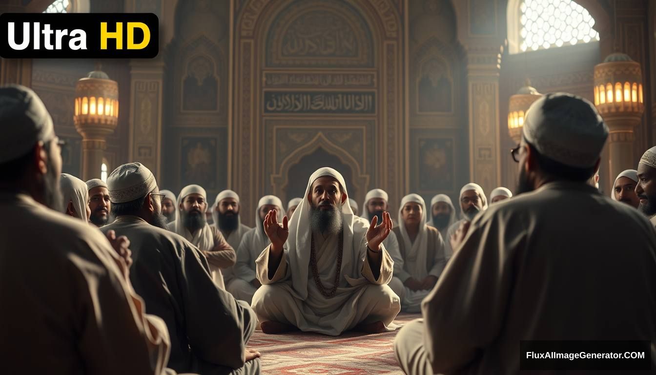 Prophet Muhammad (SAW) addressing his companions in a mosque, explaining the signs of Dajjal. The scene is filled with calm yet serious expressions, emphasizing the importance of the message. Ultra HD, realistic, respectful, with soft and cinematic lighting. - Image