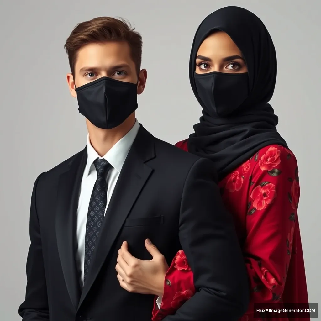 A biggest black hijab girl, beautiful eyes, face mask black, biggest red floral longest gown dress, standing behind him, love holds his arm,

Jamie Dornan body and face shot, handsome, youngest, face mask black, black coat suit, white shirt, black pattern tie, tall man, love standing behind her,

Hyper realistic, studio photography, photorealistic. - Image