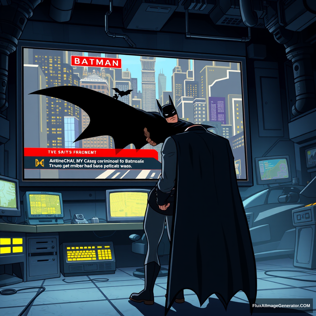 Bruce Wayne, dressed in his signature dark suit, stands in front of a massive computer screen inside the dimly lit Batcave. The screen displays a news broadcast showing Batman, mid-chase, pursuing criminals through the city. The Batcave is filled with high-tech gadgets, glowing monitors, and the iconic Batmobile in the background. The scene is depicted in a cartoon animated style, with exaggerated features, vibrant colors, and dynamic lighting that highlights the intensity of the moment.