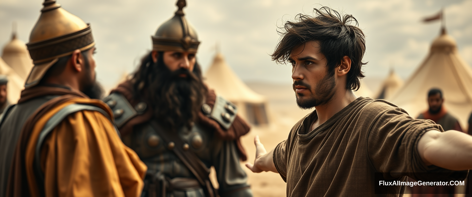 Create an image of two men standing apart and facing off against each other. The man on the right is a young man with his arms stretched out to the sides, looking shocked. He has dark, messy, unkempt hair and a beard, and is dressed in a simple biblical-era shepherd tunic, sternly gazing into the eyes of the man on the left. The man on the left is middle-aged, has a Jewish black beard, and is wearing rugged biblical-era leather armor along with a conical brass helmet that culminates in a pointed tip. Next to the middle-aged man stands a group of soldiers. The overall mood of the image is one of anxiety and concern. The background features a blurred ancient biblical Jewish army camp with desert Arabic tents. The overall mood is intense and cinematic.