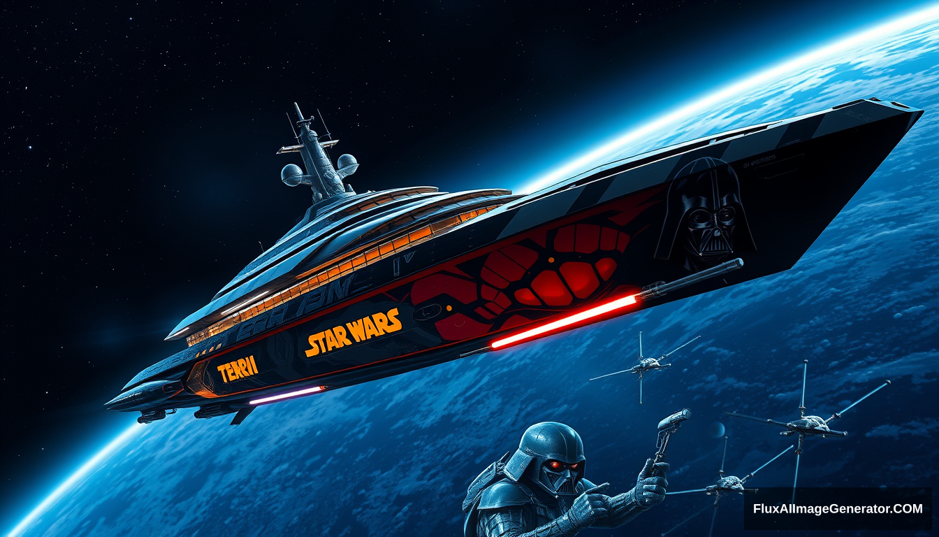 A futuristic space yacht in a Star Wars inspired style, as painted by Syd Mead, deep space setting, 4k, full-length mural along the side depicting Darth Vader in combat.