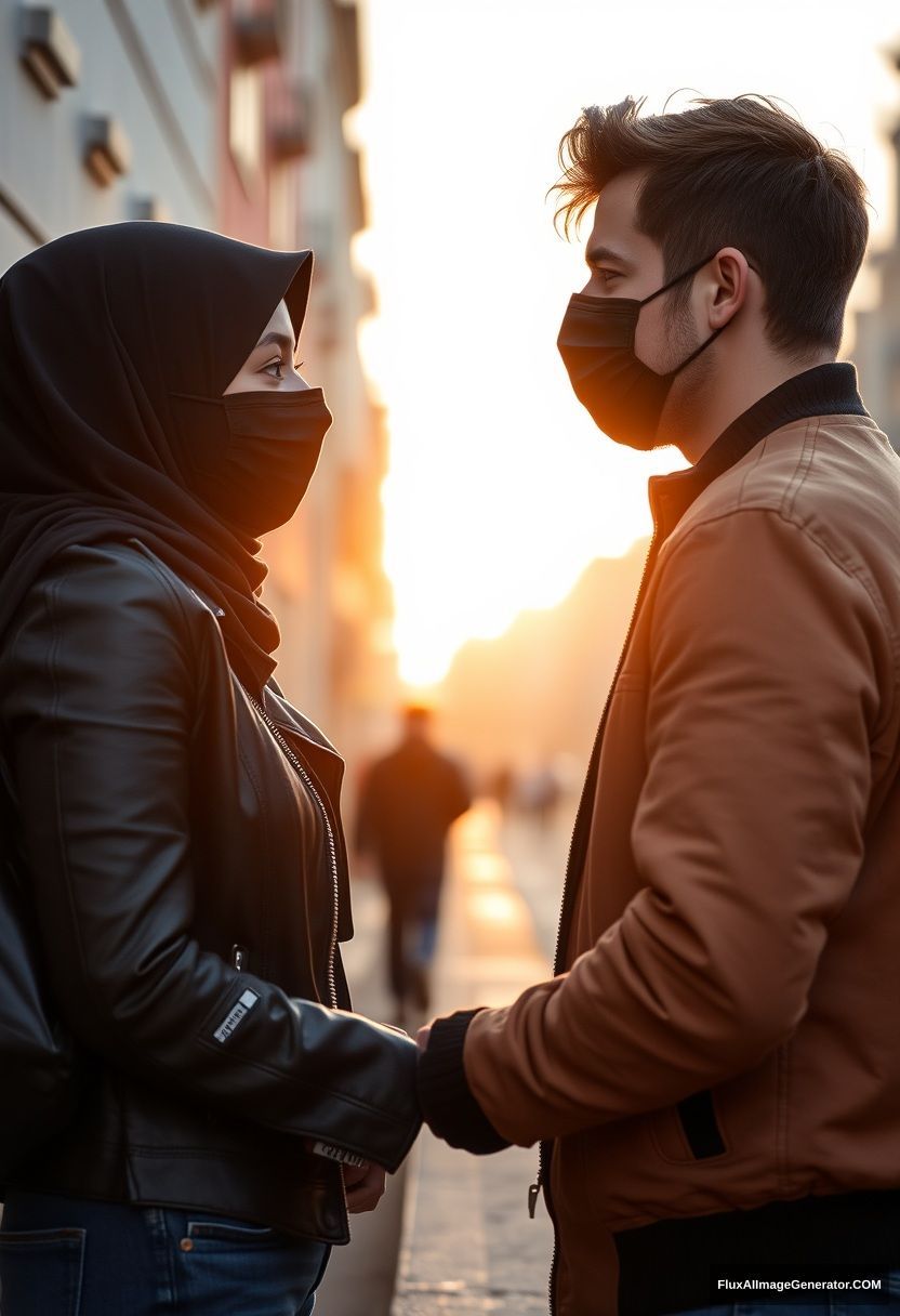 Jamie Dornan, handsome, young, black face mask, collage jacket, jeans, dating, love, romantic, biggest black hijab Muslim girl, beautiful eyes, black face mask, black leather jacket, standing and looking at each other near a wall in town, morning scenery, sunrise, photorealistic, street photography. - Image