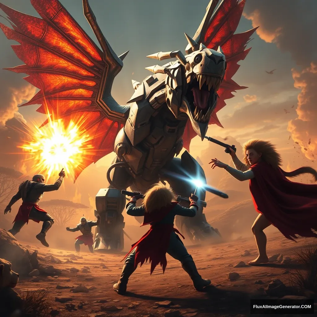 Photorealistic, epic scene of the super zoo heroes fighting the "mecha chimera", their arch enemy. The mecha chimera has absorbed the power of the savannah and is channeling it into a giant energy death ray.