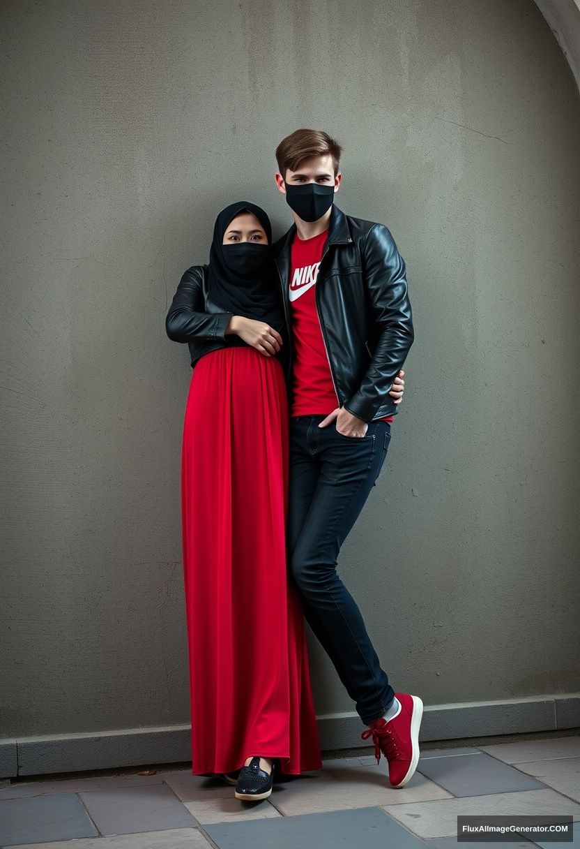 A biggest black hijab girl, beautiful eyes, face mask black, black leather jacket, biggest red longest dress, not tall, standing near him and love, love couple

Jamie Dornan, handsome, youngest, face mask black, fit and tough body, Nike red t-shirt, black leather jacket, jeans, red sneakers, tall man, lay against the wall, love couple

Hyper realistic, photorealistic, studio photography, Victoria's abandoned castle, gloomy. - Image