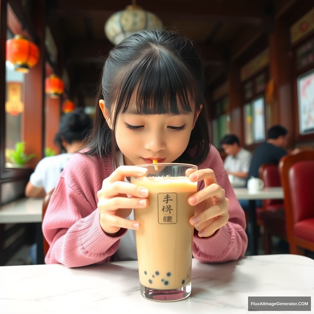 A girl is sitting in a Chinese-style café drinking a cup of milk tea. - Image