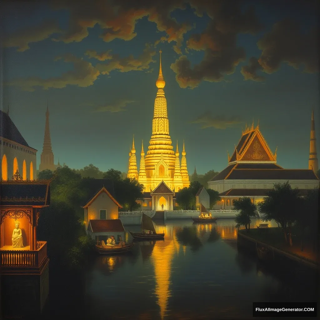 Oil painting of Bangkok at night in the temple, in the 17th century. - Image