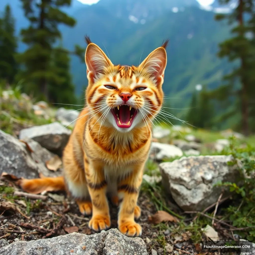 Hungry cat in mountain environment