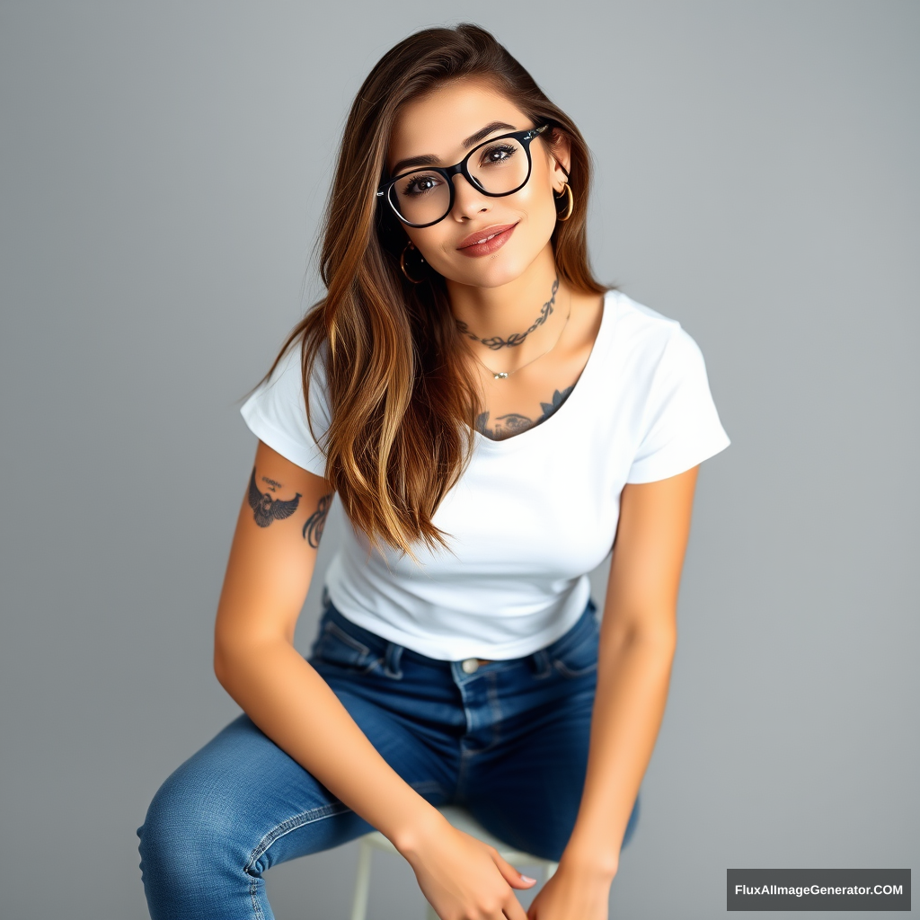 Beautiful woman, 23 years old, shoulder-length brown hair with neck tattoos, black frame trendy female clear glasses, wearing tight low-cut blue jeans and a tight white t-shirt with white sneakers, looking cute and flirty. - Image