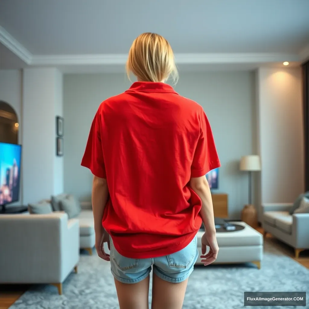 Back view of a young blonde skinny woman who is in her early twenties is in her massive living room wearing a massively oversized red polo t-shirt which is really off balance on one of the shoulders and the bottom part of her t-shirt is tucked in. She is also wearing light blue denim shorts and she is wearing no shoes or socks. She faces her TV with a shocked face and dives into the magical TV head first. - Image