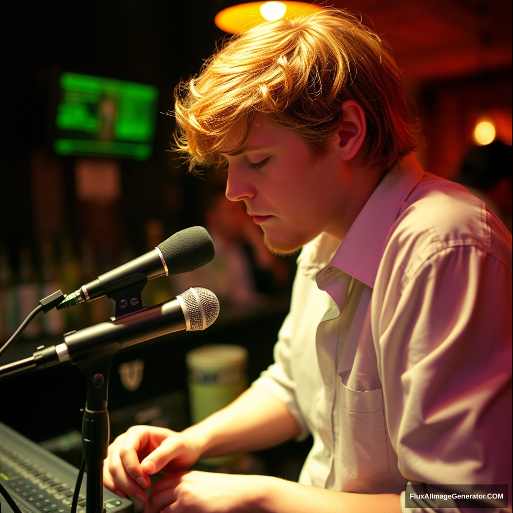 Ginger-haired Boom mic operator in bar. - Image