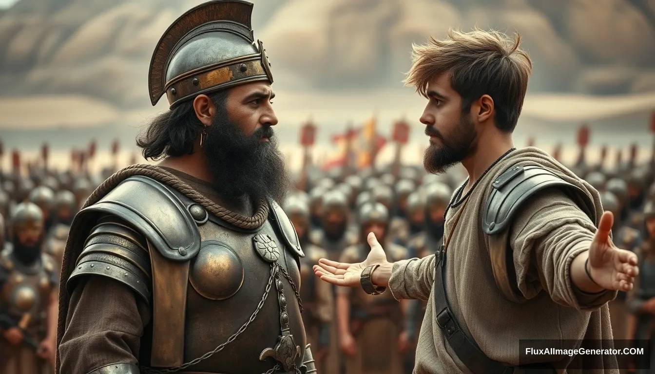 Create an image of two men standing slightly apart and arguing while onlookers crowd around. The man on the right is a young man with messy unkempt hair and a short beard, and is wearing just a simple biblical-era shepherd’s tunic. The young man has a serious expression and is looking intently at the left eye of the man he is arguing with, his arms stretched out to the sides and a serious expression on his face. The king has a black beard and is wearing a full suit of Bronze Age Mesopotamian armor with laminated strips of bronze and a conical helmet with a pointed tip. The background shows a blurred crowd of soldiers also wearing armor similar to the king's. Standing on the horizon further in the background is a blurred front of a large biblical-era army. The overall mood of the image is one of anxiety and concern. - Image