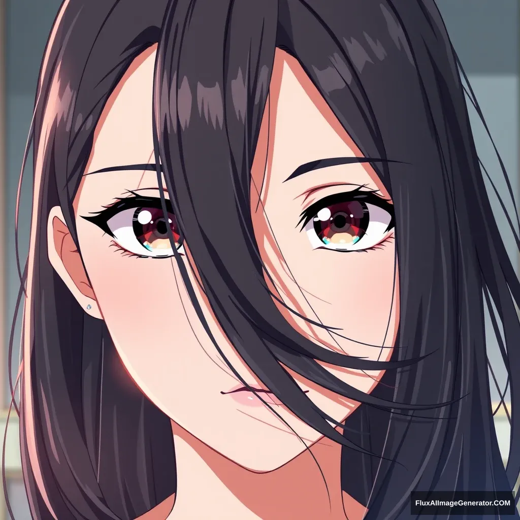 VERY BEAUTIFUL ANIME GIRL WITH PERFECT EYES AND HAIR OVER ONE SIDE OF HER FACE. ANIME STYLE IS IMPORTANT. SEINEN STYLE ANIME. EVEN MORE BEAUTIFUL. - Image