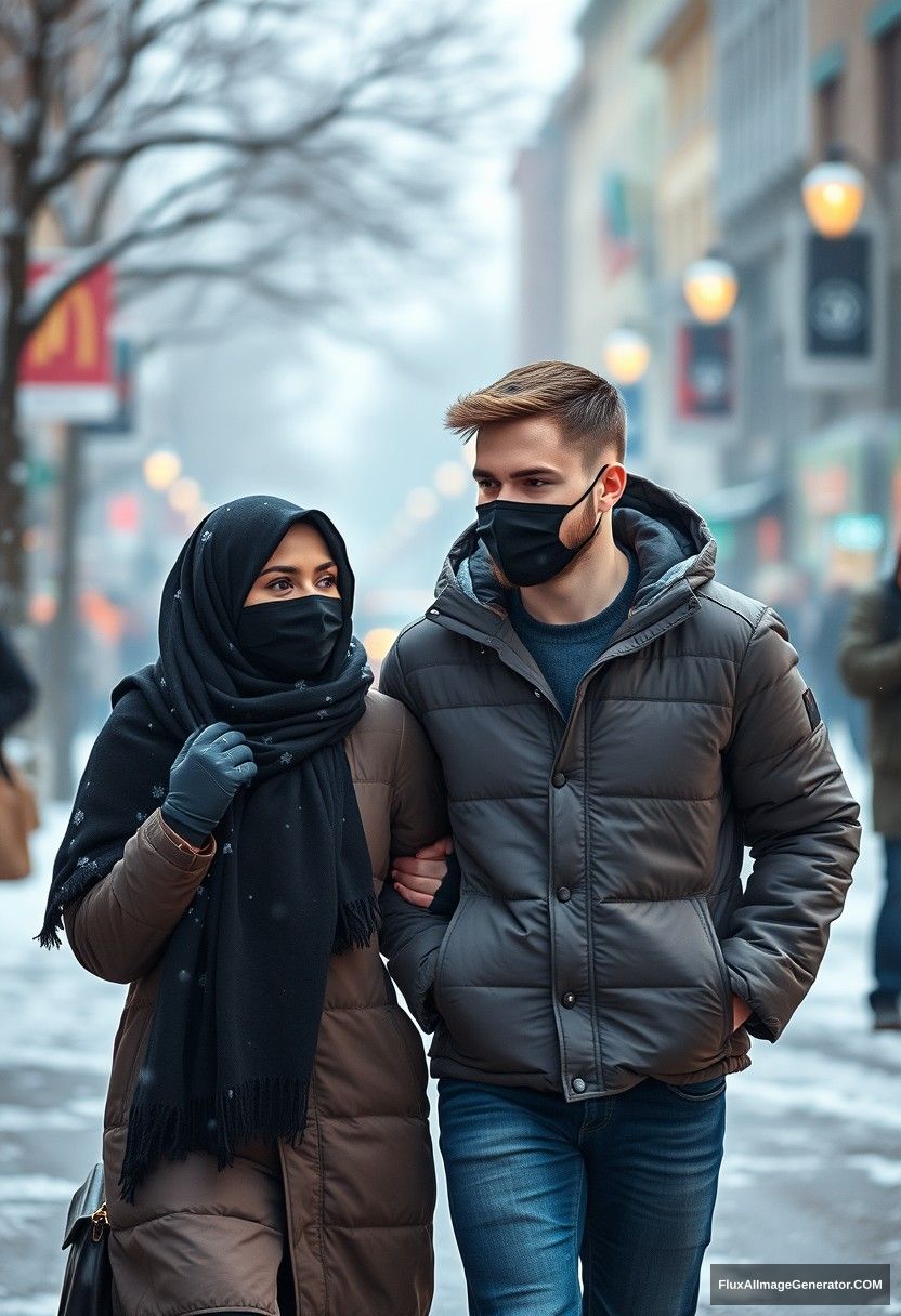 Jamie Dornan, handsome, young, black face mask, snow jacket, jeans, dating a beautiful Muslim girl in a big black hijab, with beautiful eyes, wearing a black face mask and snow jacket, in a winter scenery, walking together in town, photorealistic, street photography.