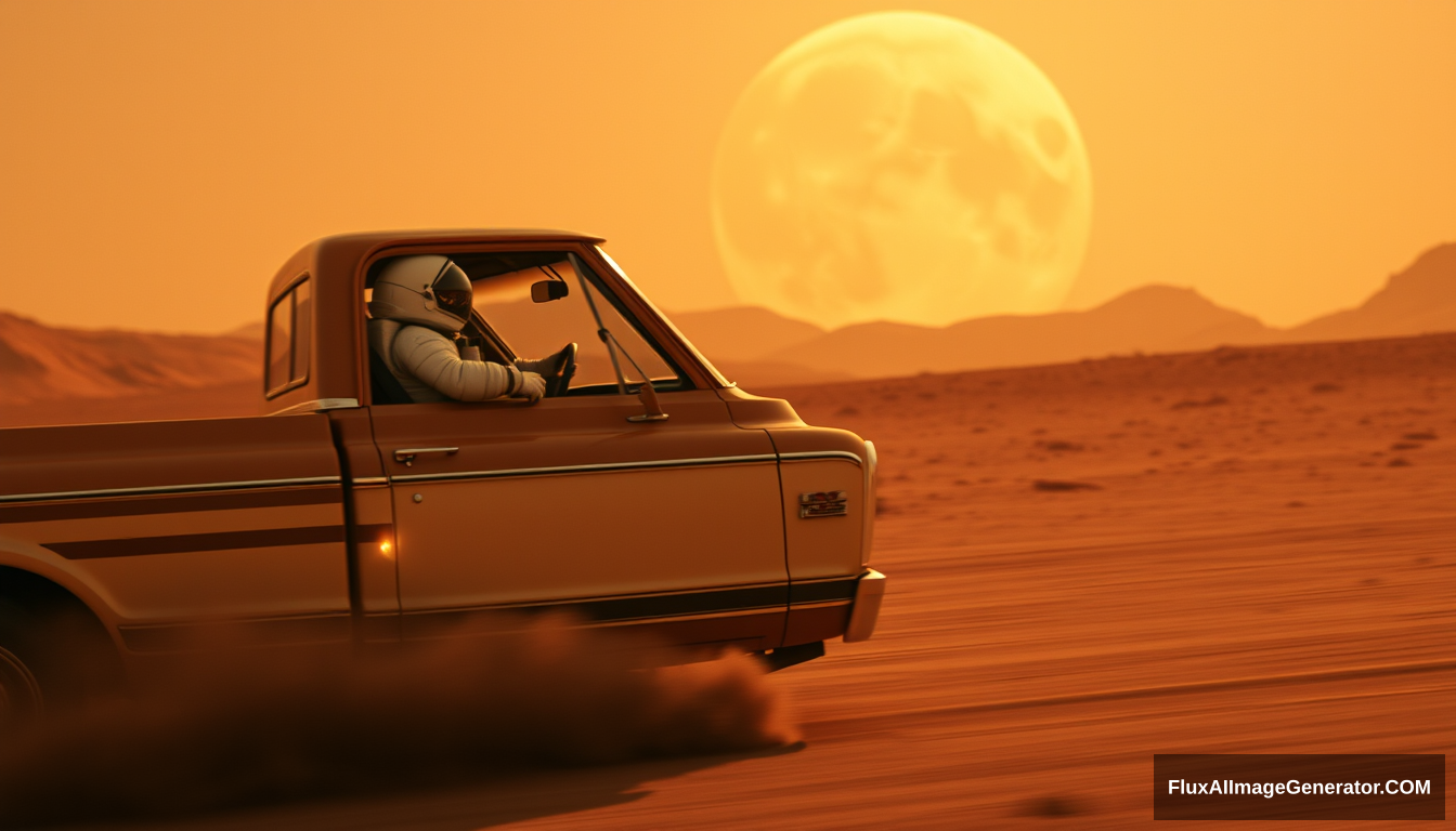 1972 C10 pickup racing on Mars, an astronaut is driving seated in the left seat. - Image