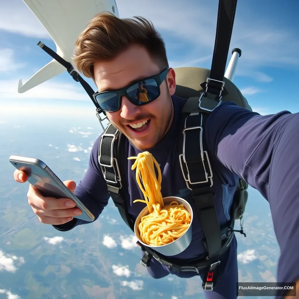 A man is skydiving while eating noodles and watching short videos on his phone. - Image