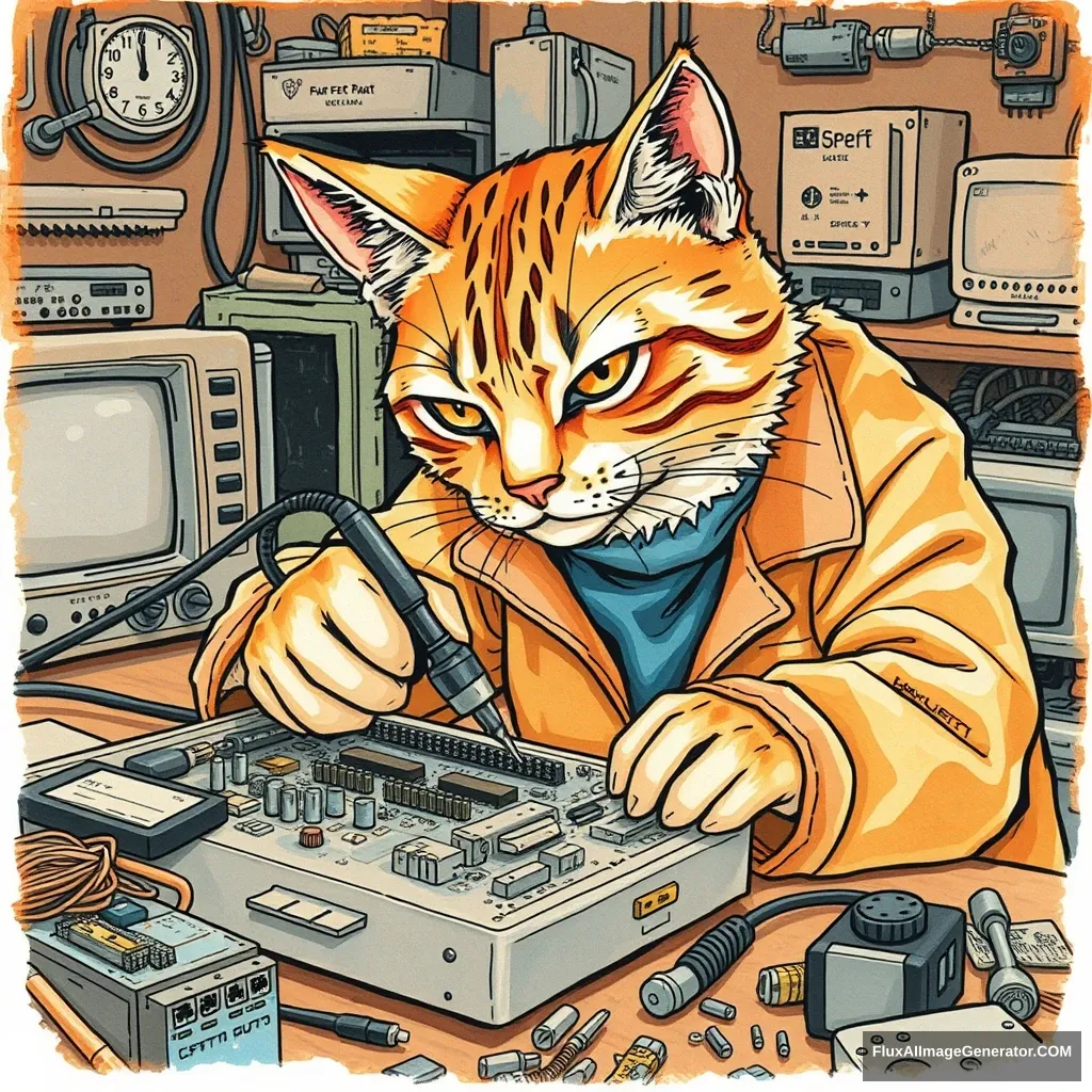 A skilled feline technician meticulously repairs a complex motherboard, wielding a precise soldering iron. Hand-drawn illustration style with bold ink lines and watercolor washes. Warm, focused atmosphere. Retro-futuristic 1980s computer parts scattered around. Intense concentration in cat's eyes. Cyberpunk-inspired workshop background.