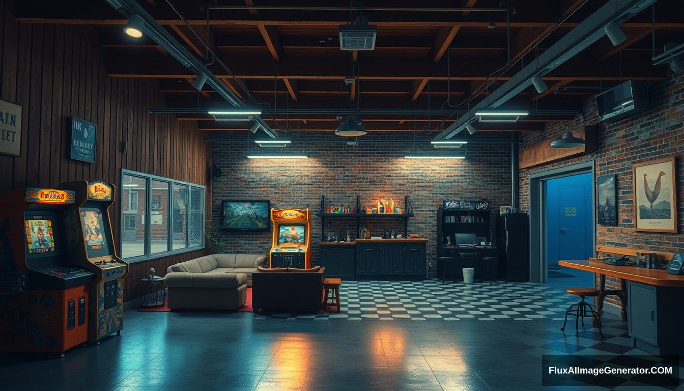 Cel shaded art, wide shot, from above, Dutch angle, from side, perspective, intense angle, depth of field, garage, arcade machine, amusement room, wood, night, furniture, sofa, TV, bar, open space, large space, open air, modern, retro style, big garage, lobby, plant, old school floor, 70s, warm lighting, black and white floor, bar, specimen, starry sky, poster, very big space, brick wall, chill.