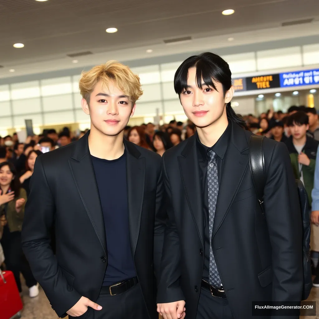 A man with curled, blonde hair at ear-length and another man with low pony-tailed black hair are holding each other's hands in front of a huge crowd of fans at the airport. Both are dressed in K-pop idol style, and the blonde man is slightly taller than the black-haired man.